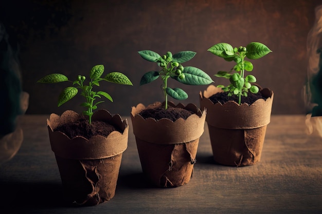 Plántulas en macetas con espacio de copia que crecen en macetas de musgo de turba biodegradables sobre un fondo de madera IA generativa