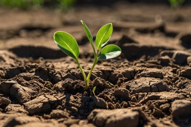 Las plántulas surgen de la tierra seca agrietada