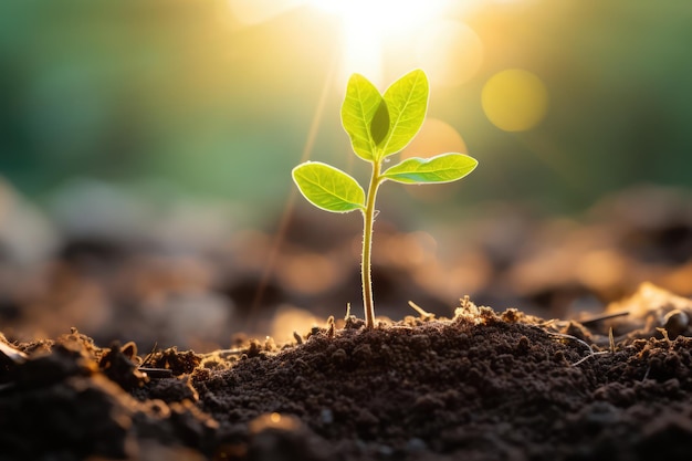 Las plántulas verdes crecen en la imagen del concepto de suelo del crecimiento de las plantas y la protección del medio ambiente