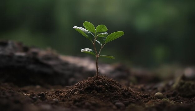 Plántulas verdes frescas brotan nueva vida en tierra húmeda generada por IA