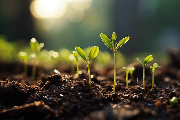 Las plántulas verdes jóvenes que crecen de un suelo rico nuevo brote de una planta Generar Ai