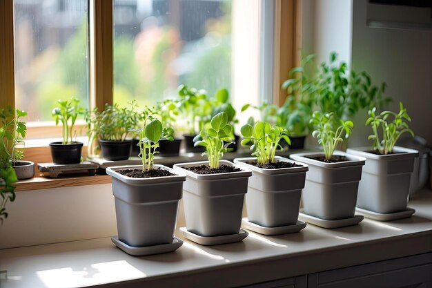 Las plántulas de verduras para plantar en terreno abierto en el jardín se cultivan en el alféizar de la ventana preparación para la temporada de verano agricultura de subsistencia AI generada
