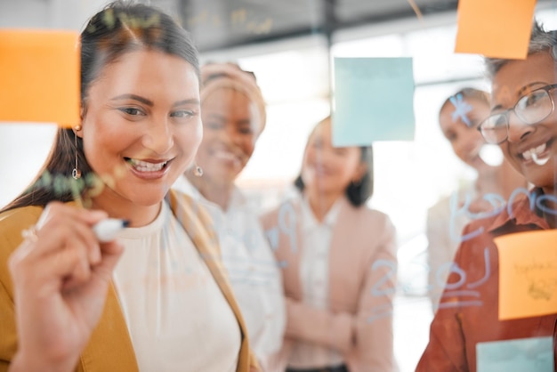 Foto planung von geschäftsideen oder glückliche frau, die einen marketingstrategie-werbeplan oder branding-lösungen schreibt haftnotizen treffen oder mitarbeiter, die an einem globalen startup-projekt oder teamzielen arbeiten