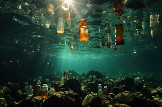 Plástico en el océano Concepto sobre contaminación del agua y ecología