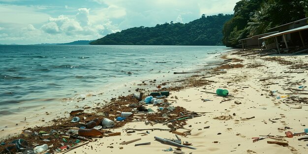 Plástico y vidrio contaminado océano o agua de mar y playa de arena sucia ecológica