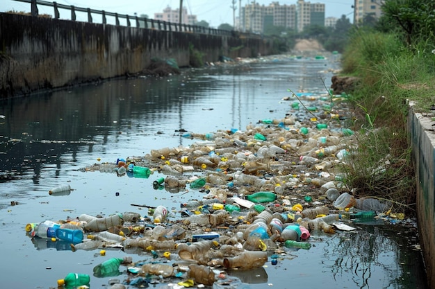 Los plásticos dañan la contaminación por residuos plásticos perjudiciales en el embalse