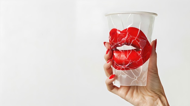 Plastikbecher in der Hand mit roter Lippen, Kussmarke, einfache konzeptionelle Kunst, kreativer Minimalismus in der Fotografie, weißer Hintergrund, KI.
