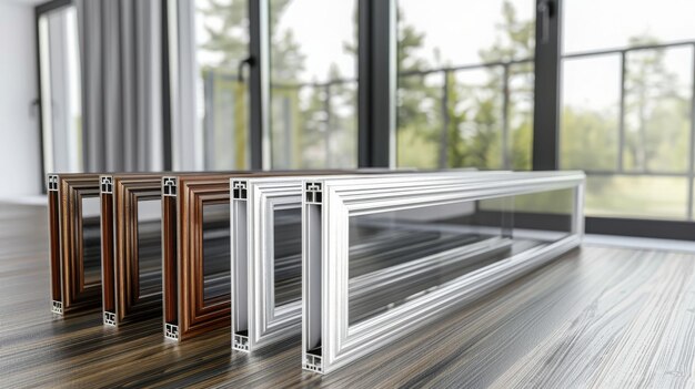 Plastikfensterprofil PVC verschiedener Farben im Abschnitt auf dem Tisch im Büro 3D-Illustration