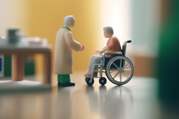 Plastikfiguren, die einen Arzt und einen Patienten im Rollstuhl im Krankenzimmer darstellen