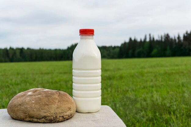 Plastikflasche frische Milch und ein Laib rustikales Brot auf einer Leinentischdecke inmitten einer verschwommenen Wiese