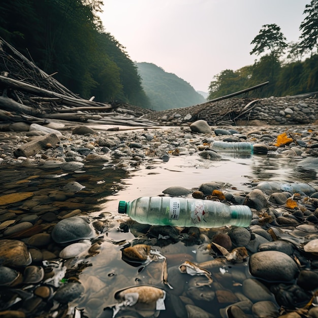 Plastikflaschen auf dem Ufer des Stausees oder des Meeres