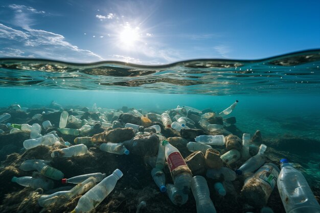 Plastikflaschen, die im Ozean schwimmen, Plastiktüten und andere Müllverschmutzungen im Ozean