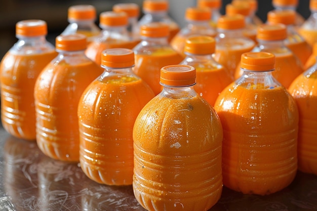 Plastikflaschen mit frischem Bio-Orangensaft mit rohen Orangen und Mandarinen
