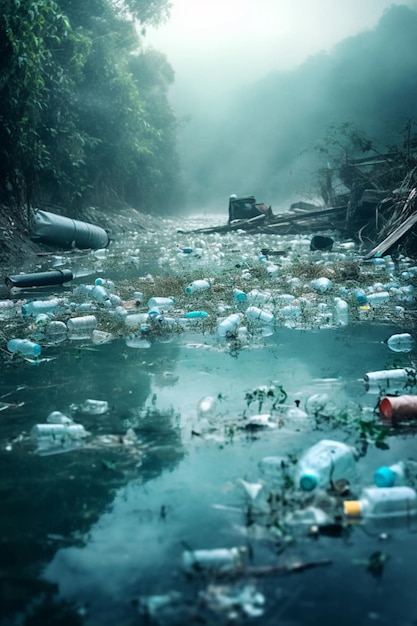 Plastikflaschen und andere Dinge im Wasser. Verschmutzung des Meeres oder Ozeans durch Plastikmüll. Ökologische Katastrophe