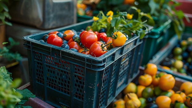 Plastikkiste mit natürlichen Lebensmitteln wie Tomaten, Obst und Gemüse