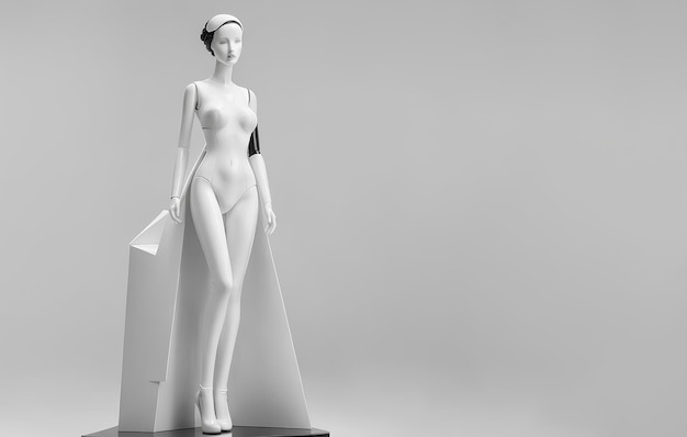 Plastikmannequin eines stilvollen Mädchens monumentale Kunst eines eleganten Weibs modisches Design auf einem leeren Hintergrund mit einem Ort zum Kopieren Paste