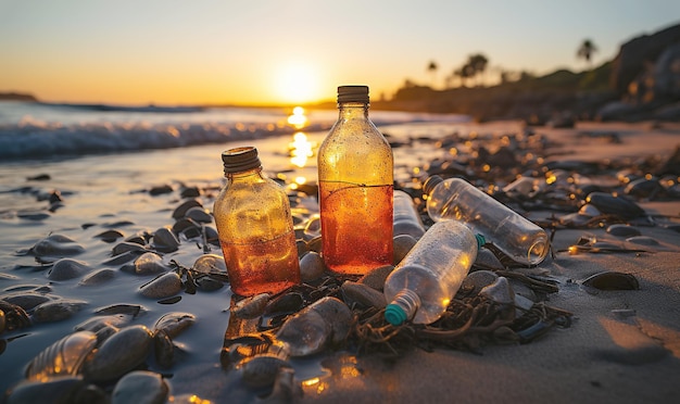 Plastikmüll am StrandVerschütteter Müll am Strand der Großstadt Leeren Sie gebrauchtes schmutziges Plastik
