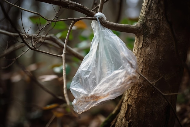 Plastiktüte gefangen in einem Ast, umgeben von natürlicher Schönheit, die mit generativer KI geschaffen wurde