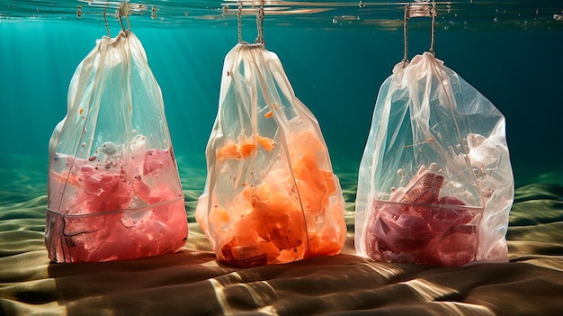 Plastiktüten aus verschiedenen Kunststoffarten im Meeresökologie- und Umweltverschmutzungskonzept