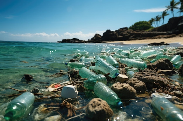 Plastikverschmutzung im Ozean und im Meer Umweltproblem Plastiktüten und -flaschen im Wasser und am Strand