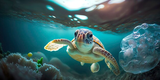 Plastikverschmutzung im Umweltproblem der Ozeane Kleine niedliche Babyschildkröten, die ins Wasser getaucht sind, essen Plastiktüten, die sie mit Quallen mit bunten Korallenriffen verwechseln, die von KI erzeugt werden