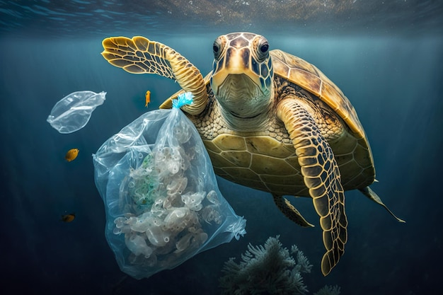 Plastikverschmutzung in Meeresumweltproblemschildkröten mit generativer KI aus Plastiktüten