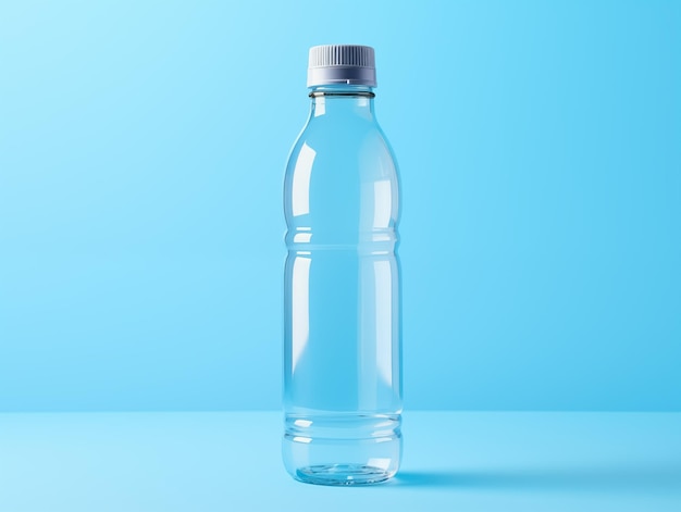 Foto plastikwasserflasche zum trinken auf pastellblauem hintergrund