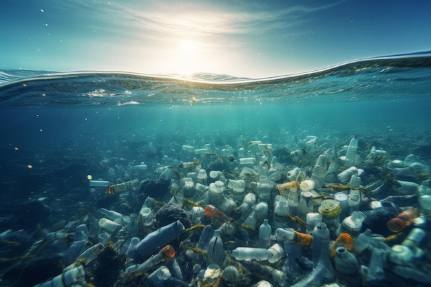 Foto plastikwasserflaschen im meer unter wasser erzeugen ki