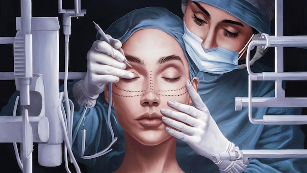 Plastische Chirurgin zeichnet gestrichelte Linien auf das Gesicht ihrer Patienten