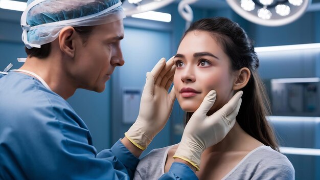 Plastischer Chirurg berührt das Gesicht einer jungen Frau