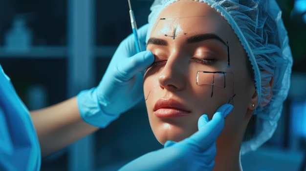 Plastischer Chirurg markiert den Körper einer Frau für eine Operation