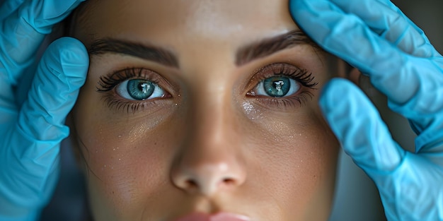 Plastischer Chirurg mit blauen medizinischen Handschuhen untersucht das Gesicht einer Frau für einen kosmetischen Eingriff Konzept Kosmetische Chirurgie Konsultation Plastischer chirurgische Untersuchung Medizinische Handschuhe