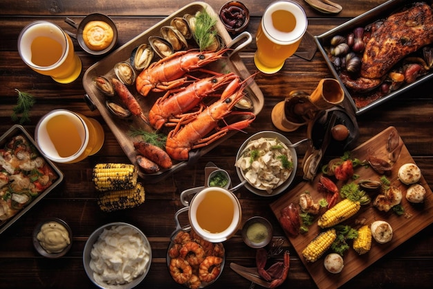 Plata de mariscos a la parrilla y cervezas artesanales correspondientes creadas con ai generativo