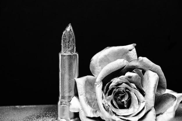 Plata rosa flor vintage retro diseño riqueza y riqueza Glamour lápiz labial metálico metalizado decoración antigua Maquillaje arte grunge belleza moda Aislado en negro