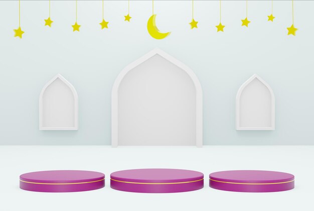 plataforma 3d com estrela de fundo azul e cor branca crescente ramadan kareem eid e islâmico