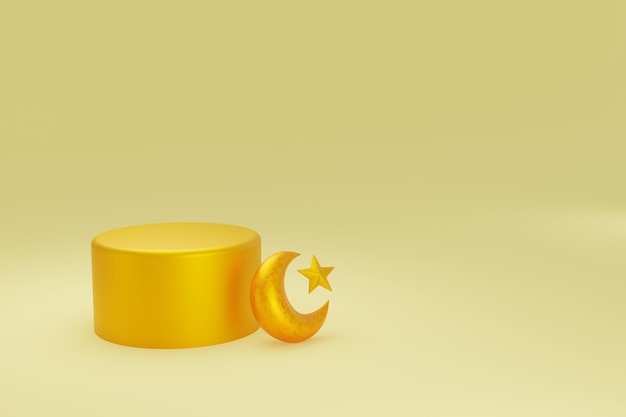 Plataforma 3D em ouro em fundo cinza com crescente e estrela Ilustração conceitual de religião em ouro