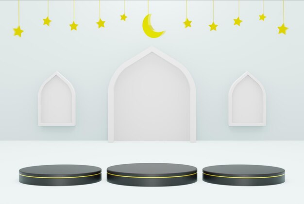 Plataforma 3d con estrella de fondo azul y color blanco creciente ramadan kareem eid e islámico