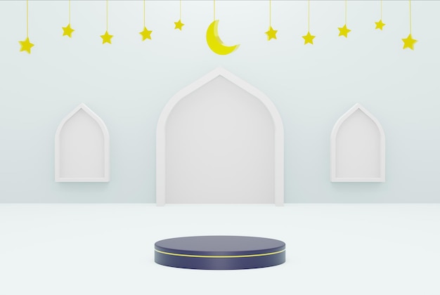 Plataforma 3d con estrella de fondo azul y color blanco creciente ramadan kareem eid e islámico