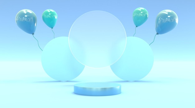plataforma azul e balão com renderização de ilustração 3d de fundo de vidro para produtos de exibição de panfleto