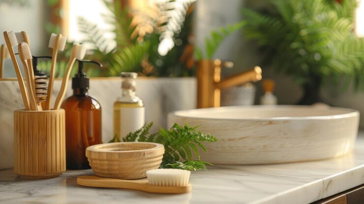 Plataforma de baño con decoración de bambú que incluye cepillos de dientes, dispensadores de jabón y un cuenco