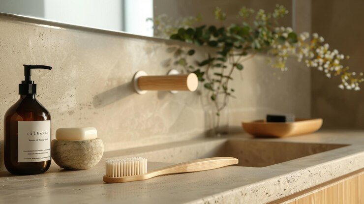 Plataforma de baño con herramientas de limpieza naturales, jabón y plantas que crean una atmósfera ecológica