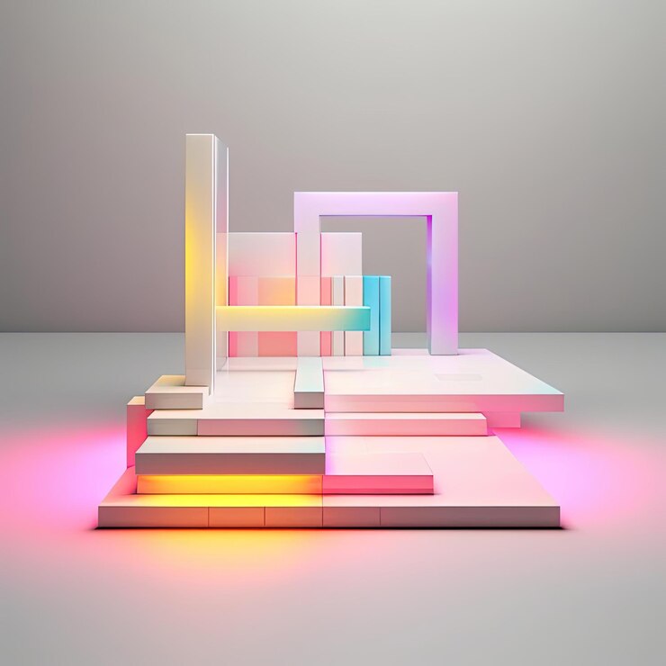 Foto una plataforma blanca rodeada por una luz holográfica en el estilo de composiciones geométricas abstractas