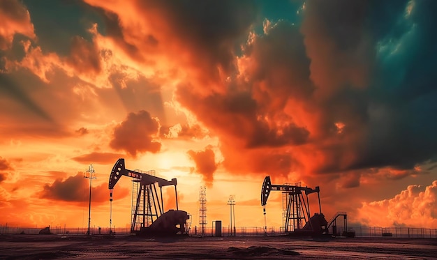 Foto una plataforma y bombas de gasolina con el sol detrás de ellas