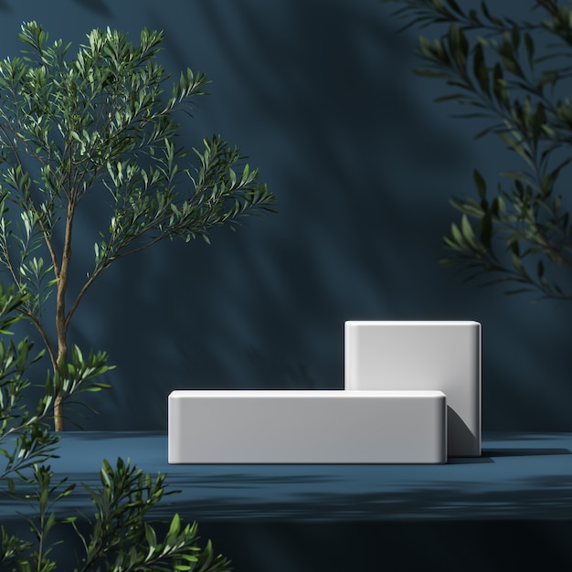 Plataforma branca na cena da maquete azul, desfoque o primeiro plano das plantas e o fundo de sombra das plantas, fundo abstrato para a apresentação do produto ou anúncios. Renderização 3d