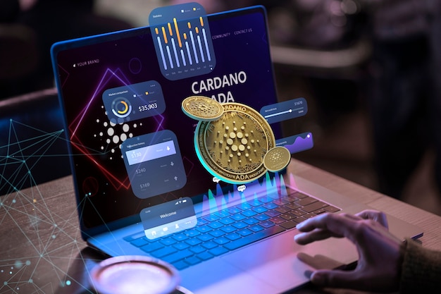 Foto plataforma de cadena de bloques cardano con computadora portátil