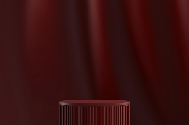 Foto plataforma cilíndrica roja sobre fondo de cortina de terciopelo rojo