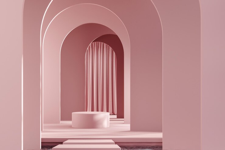 Plataforma de cilindro en escena de maqueta de fondo de patrón de pared de arco para presentación de producto