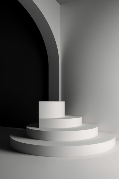 Una plataforma circular blanca con un fondo blanco y un arco oscuro.