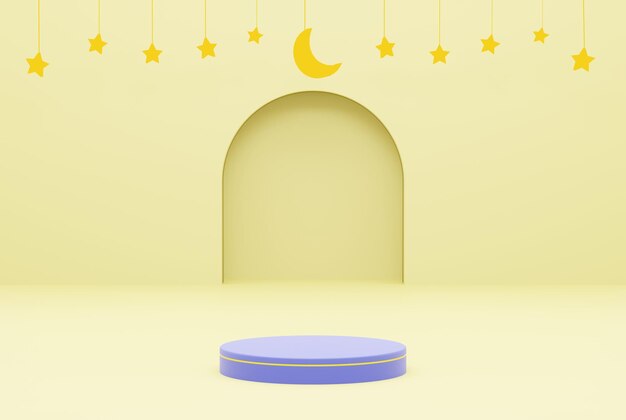 Plataforma com fundo amarelo estrela ramadan kareem conceito ilustração 3d renderização