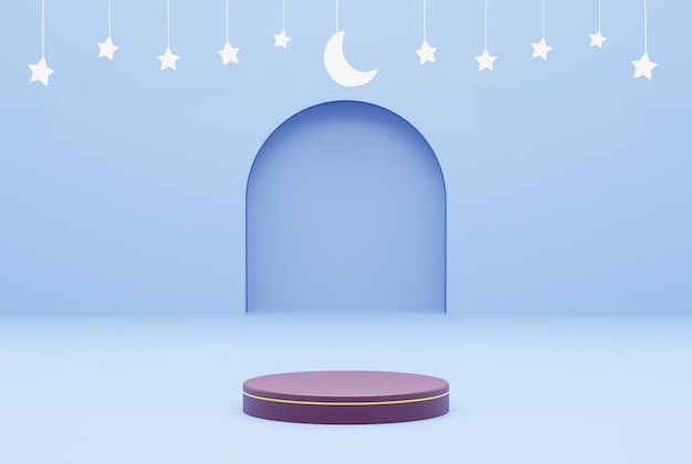 Plataforma com fundo azul estrela ramadan kareem conceito ilustração 3d renderização